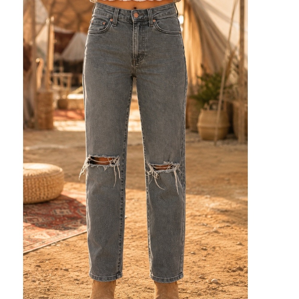 Cotton On Stretch Mom Jeans Womens 2 Charcoal Black Distressed High Rise Ripped